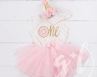 Donut Birthday Outfit, First Birthday outfit girl, Pink gold birthday, First Birthday pink and gold dress, sleeveless, polka dot