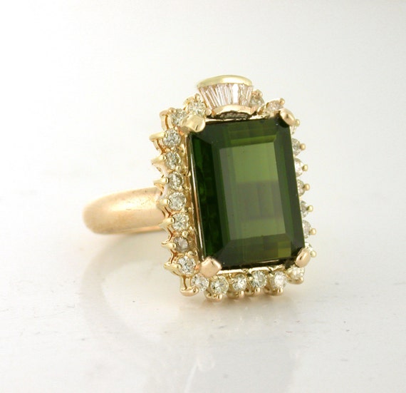 Deep Green Tourmaline 6.62ct Estate Ring with Diamonds - Large Quality Tourmaline