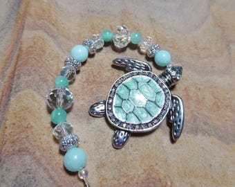 Rear View Mirror Charm, Turtle Car Charm, Aquamarine Crystal Car Charm, Sun Catcher, Gift for Her, Beachy Car Charm, Turtle Decor