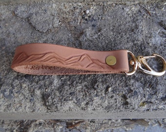 Leather Keychain with Mountains / Mountain Keychain / Rustic Leather Keychain/ Personalized keychain / Handmade by Black Spruce Leather