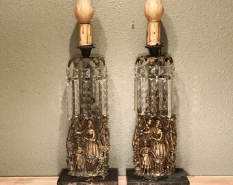 19th Century Girandole Set with Colonial Star Prism Lustres, Mother Daughter Motif, c. 1845-1860 Victorian Era Lamps Bronze Candle Holders