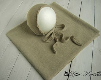 Newborn photography prop set-Newborn wrap-Newborn bonnet-Photo prop set-Outfit-Baby hat-Fabric bonnet-Fabric wrap-Stretch