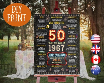 50th birthday gift for man - 1967 Birthday Chalkboard Poster, Personalized and Printable, American, Canadian, Australian & British, 005_50