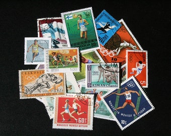 FREE SHIPPING ; 25 Colorful Vintage Worldwide Athletics postage stamps for collecting, crafting, scrapbook pages, collages etc.