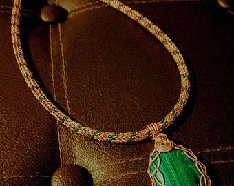 18" Copper & Green Viking Knit Necklace with Malachite Pendant