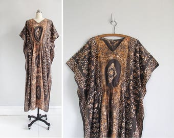 vintage caftan dress / indonesian maxi dress / 70s batik bohemian kaftan / womens one size fits most