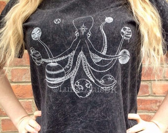 Space Octopus T-Shirt - Black Moon Phase Lunar Planets - Stars Sun Celestial Galaxy - Screen Printed Cosmic Tie Dye - Stone Acid Wash Unisex