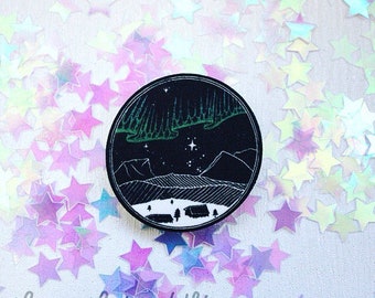 Northern Lights Brooch - Aurora Pin - Moon Phase Badge - Lunar Planets Space Stars Pin - Sweden Arctic - Galaxy Cosmic - Mountain Nebula