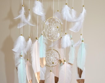 Baby Mobile, Feather Dreamcatcher Mobile, Gold Mint Blush Nursery Decor, Baby Boy Girl Nursery Mobile, Large Dreamcatcher
