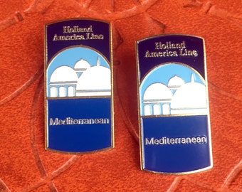 Vintage Pair of Pins Holland America Line Mediterranean Cruise Ship Jewelry Lapel Enamel Pin