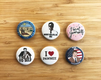 Parks and Rec Button Set, Funny Parks and Rec Gift, Ron Swanson, Leslie Knope, Treat yo self, April Ludgate, Andy Dywer, Tom Haverford Pins