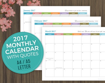 2017 Monthly Calendar, Planner Printable, Monthly Agenda, Monthly Planner, Desktop Monthly Calendar, A5 Monthly Planner, A4, Letter Size