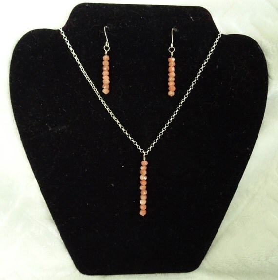 Peach Moonstone Pendant Necklace and Earring Jewelry Set