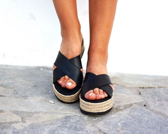 Black leather platform sandals slipons strap espadrilles minimal style