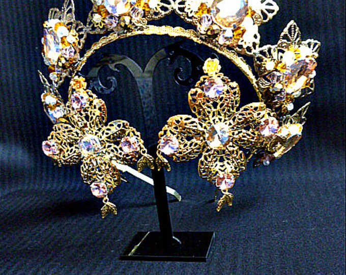 Gold crown earrings Gold crystals Dolce Tiara Queen Wedding Bridal Jewelry Set medieval headband renaissance baroque Rhinestones gift girl