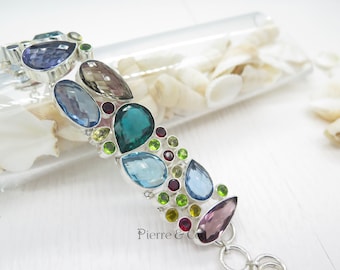 Blue Topaz Smoky Topaz Emerald Quartz Garnet Sterling Silver Bracelet