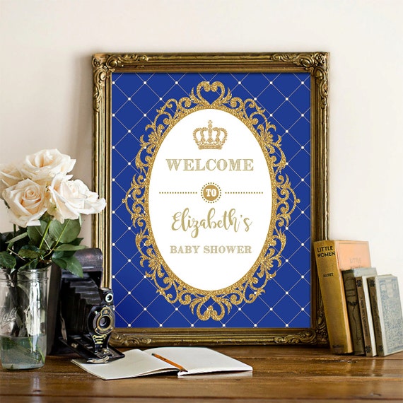 Prince Baby Shower Welcome Sign. Royal Blue and Gold Welcome