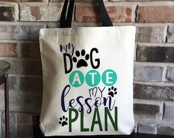 Fun Teacher Gift for Teacher - Canvas Bag - Teacher Tote - Back to School Bag - Large Book Bag - Teacher Appreciation - Dog Ate Lesson Plan