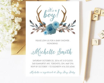 Baby Shower Invitation Boy, Fall Baby Shower Invitation, Antler Baby Shower Invitation, Rustic, Deer, Printable, Printed