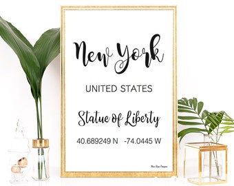 GPS New York coordinates, GPS art print, Latitude longitude printable, Wall decor, Typography quote, Black & white poster, Printable wall