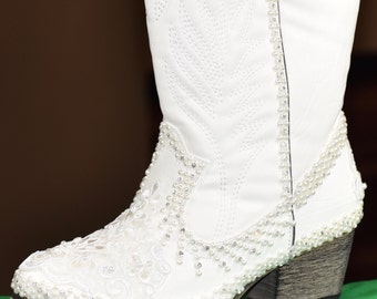 White or Ivory Wedding Boots Bridal Rubber Sole Comfortable Lace and Pearl Western Cowboy Boots