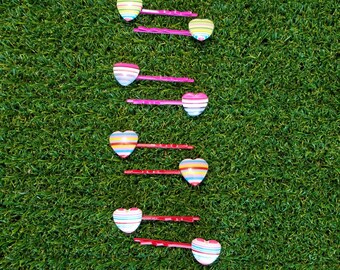 Striped Heart Bobby Pins,Resin Heart Cabochon,Hair pins,Hearts,Colored Bobby Pins,Pink,Red,Hair Accessories,Stripe Hearts,Novelty Hair Pins