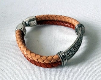 Braided leather Cuff bracelet, Classic leather cuff, Casual design, Cognac and sand colors,