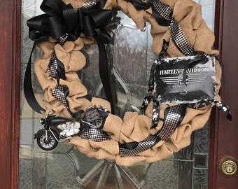 Front Door Wreaths-Harley Wreath-Harley Davidson Wreath-Motorcycle Wreath-Biker Wreath-Born to Ride Wreath-Burlap Wreath-Year Round Wreath
