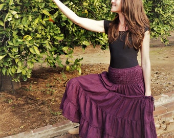 Gauze Cotton Boho Gypsy Tiered Skirt in EGGPLANT // Pockets, Natural Fiber, Flexible Waistband / Breathable Elegance!