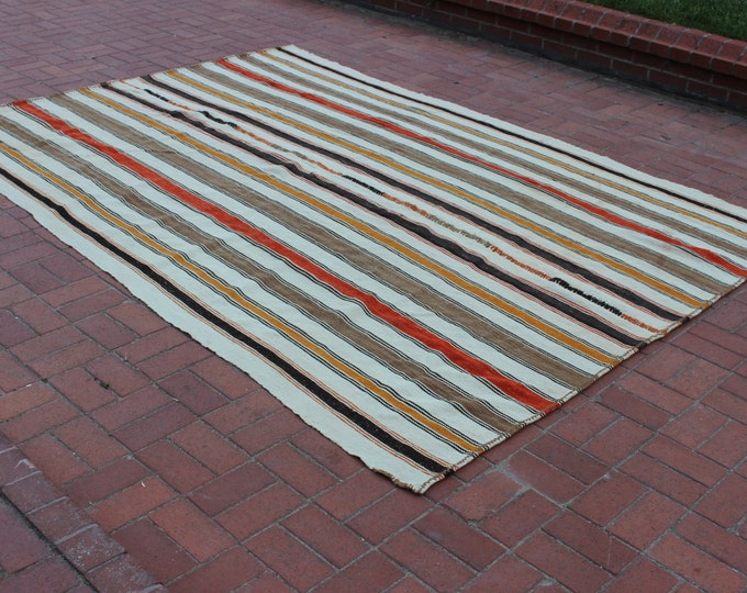 CHRISTMAS SALE %7 Stripe Kilim Rug, 90" x 124.4" / 225 x 311 cm, Boho Kilim Rug, White Kilim Rug, Colorful Kilim Rug