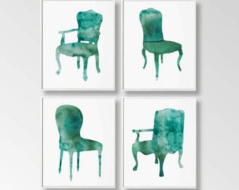 Set of 4 Armchairs, Chair Printable, Chair Prints, DIGITAL Chair, DIY Wall Art, Large Printable, Turquoise Chair, Watercolor Chair, Armchair