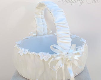 Wedding basket, Flower girl basket, Ivory flower girl basket, Satin wedding basket, Flower girl accessory