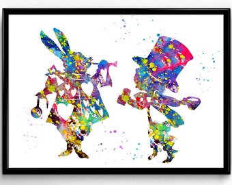 Alice in Wonderland Inspired, White Rabbit with Mad Hatter, Tale, Poster, Kids Room Decor, gift, print wall art (595)
