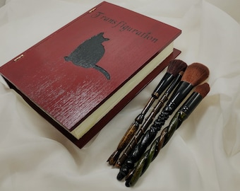 Makeup Brush Case- Transfiguration Spellbook, Set of 4 Wizard Wand Makeup Brushes, Handcarved Makeup Brushes, Harry Potter Makeup Brushes