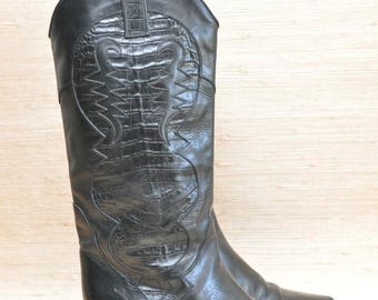 Vintage Black Leather Charles David Cowboy Boots with Alligator Country Western Women's Boots Size 8.5 Made In Italy