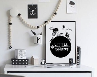 Adventure Nursery Decor, Little Explorer, Monochrome Nursery Wall Art, Black and White Scandinavian Boys Nursery Printable Art Kids Wall Art