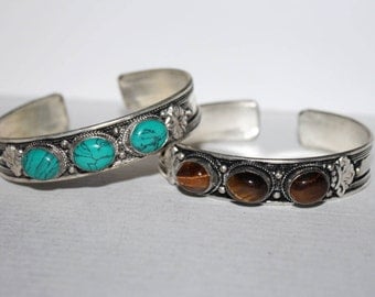 Turquoise bracelet, Tiger eye earrings, Silver bracelet, Boho bracelet, Tribal bracelet, Gypsy bracelet, Navajo bracelet, Tibetan bracelet