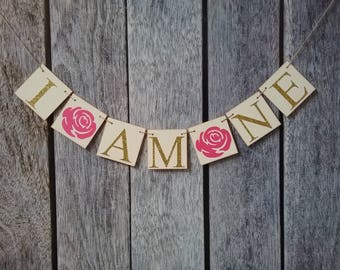 pink and gold first birthday banner, I am one banner, high chair banner, pink and gold birthday banner, cake smash banner, decorations