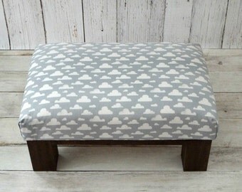 Footstool nursery clouds fabric gray - nursery décor furniture upholstered ottoman - gray white nursery décor - cloud fabric pouf