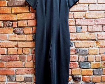 Women's 90s Black Ribbed Jumpsuit Romper Onesie With Short Sleeves Small
