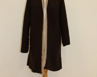 Long Collarless Cardigan (Brown/Beige)