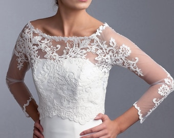Lace wedding bolero, Lace jacket, wedding bridal jacket, lace topper, bridal topper with 3/4 sleeves with irregular pattern