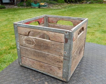Vintage Milk Crate Wood and Metal Perforated, Farmhouse Rustic Industrial Storage Box, Country Chic, Antique Wood Crate, Shabby Decor