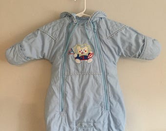 SALE Windy Trail by Weather Tamer Vintage Infant Boys Blue Hooded Footmuff/Sleeper with Lion Embroidery 0-9 Months