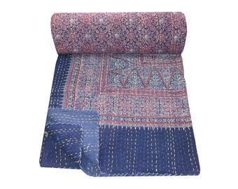 Handmade Indian Cotton Kantha Quilt Hand Block Print Ajrakh Kantha Bed Cover Queen Size Kantha Blanket Hand Stitched Bedspread Picnic Throw