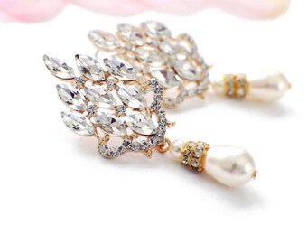 Gold wedding earrings, crystal bridal earrings, pearl drop earrings, pearl bridal jewelry, Swarovski pearl earrings