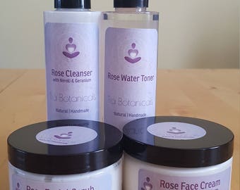 Rose Cleanser, Facial Scrub, Toner and Face Cream with Neroli & Geranium Set