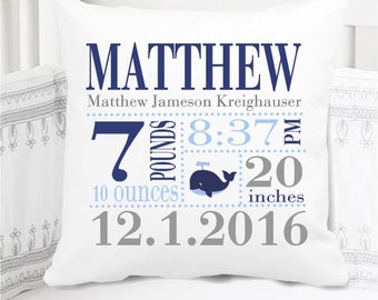 Boys Birth Announcement Pillow - Whale