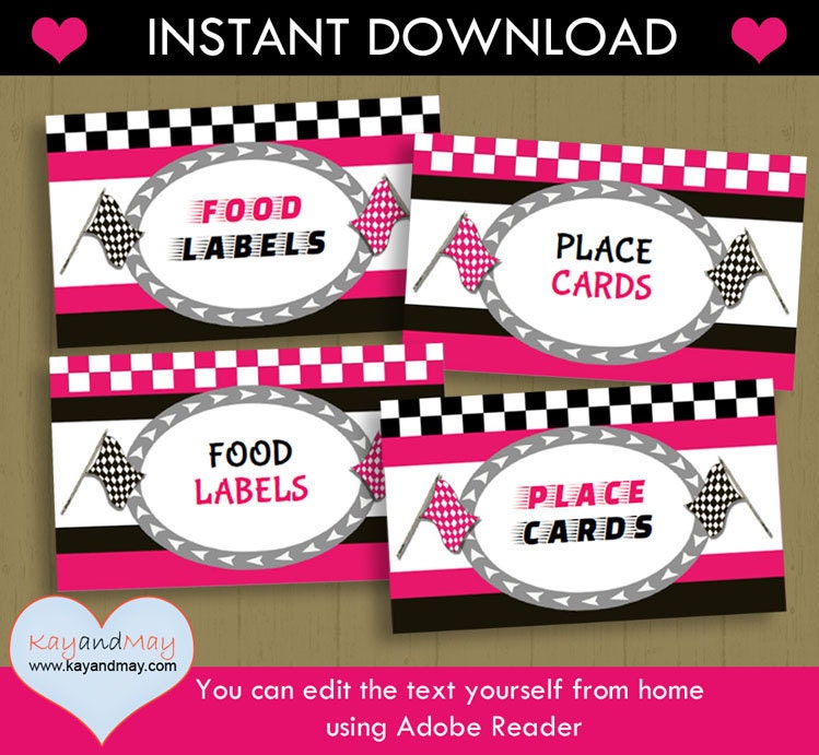 Race Car party tent style food Labels / INSTANT DOWNLOAD P-52