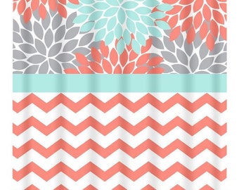 Aqua Coral Gray SHOWER CURTAIN Custom MONOGRAM Personalized Aqua Coral Gray SHOWER CURTAIN Custom MONOGRAM Personalized